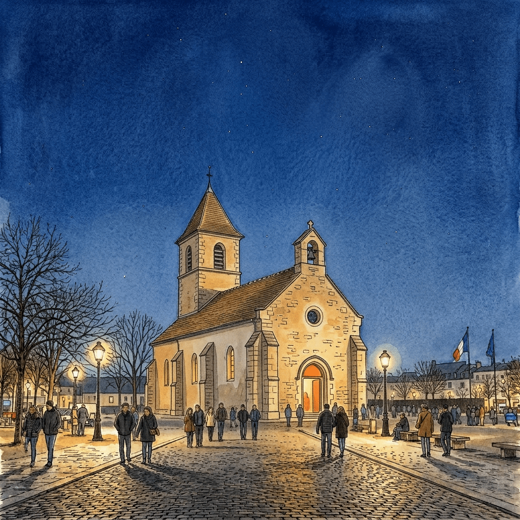 Gothic cathedral with illuminated facade and people walking in front at night