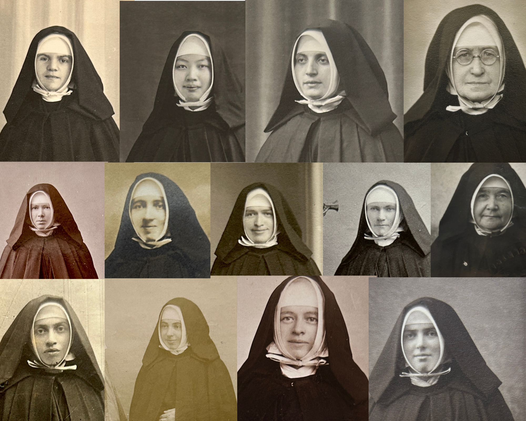 Collage de portraits en noir et blanc de religieuses portant des habits traditionnels.